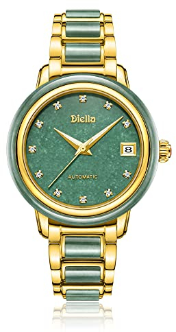 Diella Automatik Damen Uhr - Luxus Grün Jade und Gold Edelstahl Armband, Wasserdicht (Modell: AD6001L)