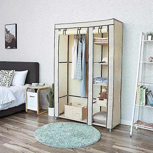 XUANYU Faltschrank mit Reißverschluss Stoffschrank Faltbare Garderobe Kleiderschrank mit Kleiderstange und Fächern (Beige, 110×45×175 cm)