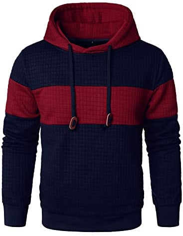 HOOD CREW Herren Sweatshirts Langarm Pullover Patchwork Plaid Jacquard Hoodie Casual Drawstring Hoody Top, Marineblau / Rot, XXXL
