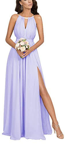 KURFACE Vestido de dama de honor para mujer, con hombros descubiertos, cuello halter, plisado, formal, vestido de fiesta de noche con abertura, Lila, 38