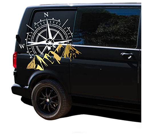 Autoaufkleber Kompass Sport Mountains 60x56cm Windrose Sticker Folie für Auto Wohnwagen Anhänger Aufkleber Selbstklebend Kfz Zubehör KX072 KX073 (Kompass weiß, Berge Gold)