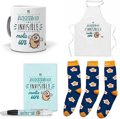 mundohuevo Que Regalar para Amigos Invisibles. Mi Amigo Invisible Mola un Huevo. Taza,Delantal, libreta, boli y Trio de Calcetines