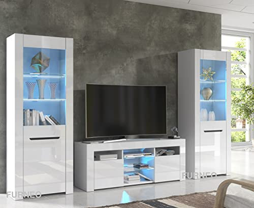 Furneo MilanoW – High Gloss & Matt White Living Room Set, TV Stand & Display Cabinets, Blue LED Lights