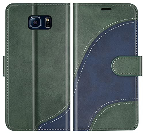 BoxTii Hülle für Samsung Galaxy S6, PU Leder Handyhülle für Galaxy S6, Ledertasche Klapphülle Schutzhülle mit Kartenfächer und Magnetverschluss, Grün