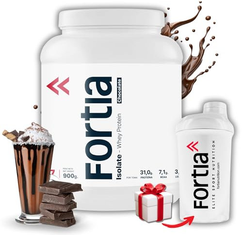 FORTIA Whey Protein Isolate 100% 36g/dosis + Shaker – Proteina Isolada de Suero Premium Hecha en España | Proteína Alta en BCAA, Leucina y Glutamina | Mejora Masa Muscular | Chocolate 900g