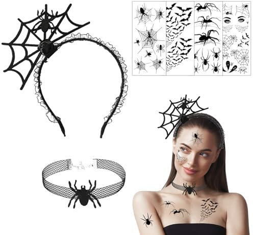 IWTBNOA Halloween Spinnen Netz Haarreifen, Halloween Haarreifen, Spinne Haarreif mit Halsketten, Halloween Spinne Haarband, Halloween Kostüm Accessoire für Frauen Halloween Fasching Party Cosplay