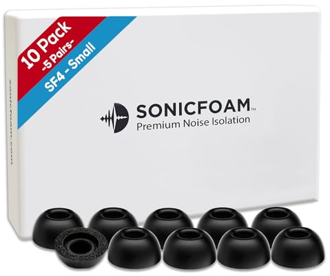 SONICFOAM Memory Foam Earbud Tips - Premium Noise Isolation, Replacement Foam Earphone Tips, 10 Pack for in Ear Headphone Earbuds (SF4 Small, Black)