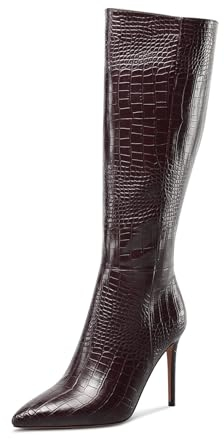 MAGIOPY Donna Alto High Spillo Tacco Heel a Punta Cerniera Altezza Ginocchio Stivali Ballo Feste Casual Dress Inverno Scarpe 10 CM Heels Marrone Scuro 39 EU