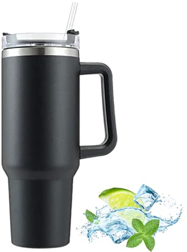 Gobelet isotherme de 40 oz avec paille et anse, double paroi en acier inoxydable avec couvercle, gobelet de voiture, tasse à café pour boissons chaudes et froides, noir