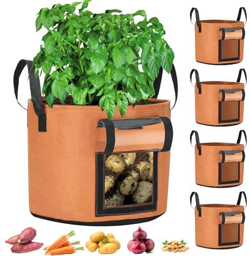VIEWALL 40 L Bolsas de Patatas de Tela,Saco de Plantación con Asa y Ventana Transparente,Bolsa Reutilizable para Patatas,Tomates,Cebollas, Verduras,Maceta de Jardín Espesada y Ventilada,5 Unidades