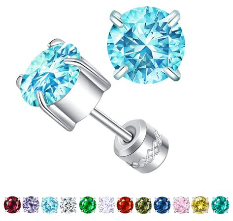 ZOCOYUU Titan Schraube zurück chirurgischen Edelstahl Ohrstecker für Frauen Männer, hypoallergene Birthstone Ohrstecker Double Side 5A Cubic Zirconia Ohrstecker Schmuck 6mm (März (Aquamarin))
