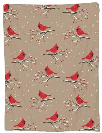 VODRM Rote Kardinal-Decke, Retro, niedlicher Vogel, sitzend auf dem verschneiten Ast mit Beeren, Überwurf, Decken, Geschenke für Erwachsene, leicht, weiches Fleece, gemütlich für Sofa, Couch,