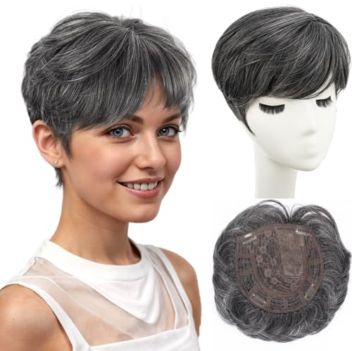 PORSMEER haarteile für dünnes haar topper, Kurze Pixie Cut Haarteile Synthetische Pixie Topper für Damen/Herren Clip In Wiglet mit Pony Haarvolumen hinzufügen,haarverlängerung(Schwarz Mix Silber)