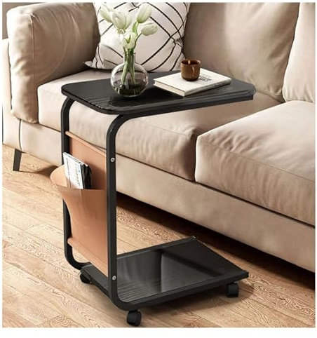 ZGSYH C-förmiger Beistelltisch mit Rad,2024 Kleiner Beistelltisch mit Aufbewahrungstasche und Metallrahmen,Retro-Schlafzimmer-Aufbewahrungsregal für Couch,Sofa und Bett,Badewanne,einfach zu montieren