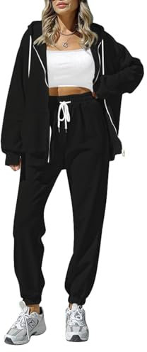 Sovoyontee Damen Trainingsanzug Zip Up Hoodie Sweatsuits 2-teilige Jogger Sets mit Taschen Schwarz L