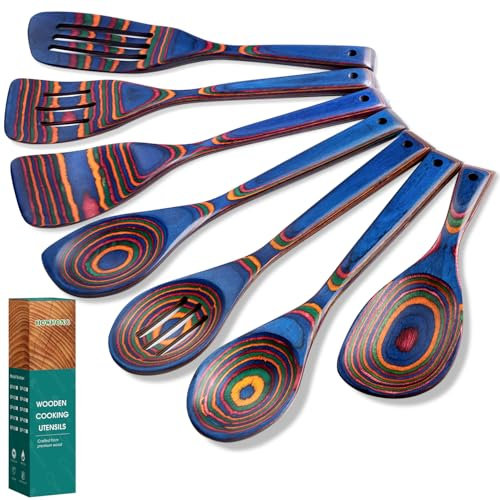 Kitchen Pakkawood Wooden Spoons for Cooking – 7-Piece Kitchen Utensil Set with Spatula, Corner Spoon, Rice Paddle – Nonstick Safe Durable Wooden Cooking Tools for Home Kitchen (Spectrum) by Howhong