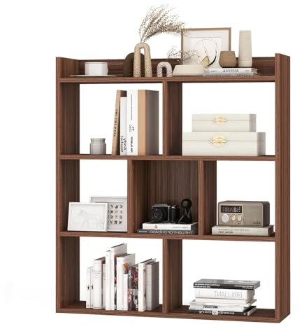 HOMASIS Bücherregal mit 7 Würfeln, Würfelregal mit offenen Fächern & Ablagen, Standregal aus Holz, Aufbewahrungsregal mit Kippschutz, Raumteiler für Wohnzimmer Arbeitszimmer Büro, 80x20x90cm (Walnuss)