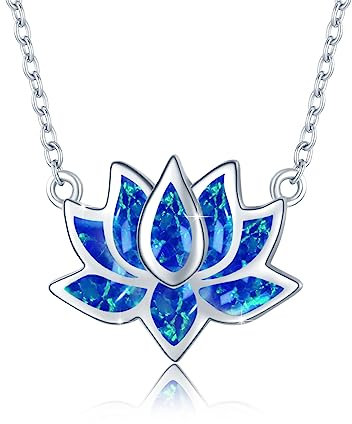 Opal Lotus Kette Damen 925 Sterling Silber Anhänger Halskette Yoga Heilung Charms Blume Schmuck Geschenke für Frauen (Blauer Opal)