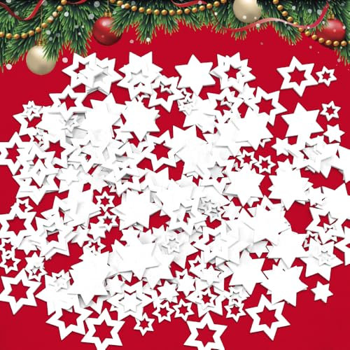 KARBAG 200Pcs Christmas Wooden Snowflakes, 20/40mm Mixed White Wooden Snowflakes Mini Six Pointed Star Wood Slices Snowflake Embellishments for DIY Crafts Christmas Tree Hanging Table Decoration