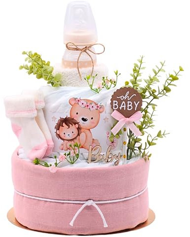 Trend Mama® | Musselin Windeltorte Nature | Mama -Baby Löwe | Musselintuch,Kuschelsocken,Frottee Spucktuch, Babyflasche| Baby Party Geburts Geschenk (Nature | Rosa)