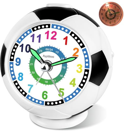 Ayybboo Réveil Enfant Football Garçon Fille,Horloge Pédagogique Analogique Silencieux sans Tic-Tac avec Veilleuse,Snooze et Design Antidérapant,Idée Cadeau Éducatif 5-12 Ans (Noir Bleu)