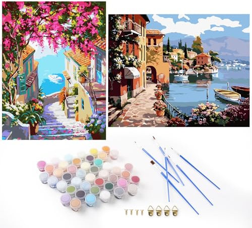 Koncci 2 Pack Paint by Numbers for Adults, 16x20inch Landscape Painting by Numbers for Adults Beginners on Canvas, with 3 Paintbrushes & Acrylic Paints, DIY Craft Art for Gift Home Decor (Frameless)