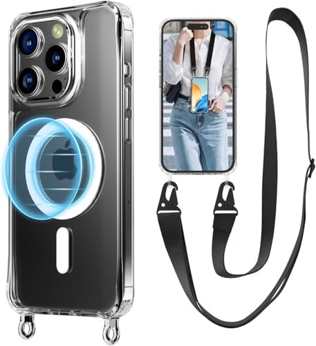 UnnFiko Handykette für iPhone 15 Pro Max MagSafe Hülle mit Band,Transparent Magnetische Handyhülle mit Verstellbarer Kette zum Umhängen,Schwarz