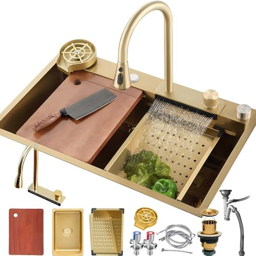 HZKSINNK Fregadero de Cocina de 1 Cubeta 70x50 cm, Dorado cascada Fregadero de Acero Inoxidable, con Grifo Cocina Extraible, cesta de drenaje, sifón, rebosadero y desagüe así como otros accesorios