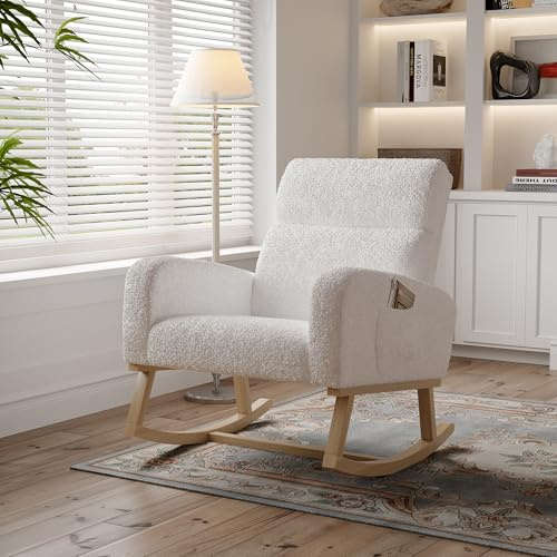 Henunem Schaukelstuhl Sessel Relaxsessel Schaukelsessel,Stillstuhl Schwingstuhl mit Teddystoff und Lendenkissen und 2 Seitentaschen, Bequemer Lesesessel für Wohnzimmer(Weiß)