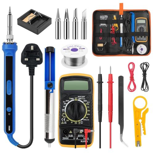 Soldering Iron Kit, 100 W LED Visible Temperature Adjustable 180-520°C Precision Electronic with On/Off Switch, Kit with Digital Multimeter, 5 Welding Tips, Desoldering Pump, Soldering Wire(BS Plug)