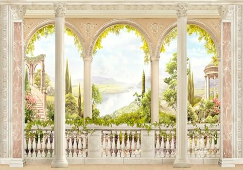 gdkldfg Papier Peint Panoramique 300x240cm Montagnes de la forêt Art classique Colonnes romaines Scénario naturel Poster Mural Tapisserie Murales Soie Intissé Decoration Murale Chambre