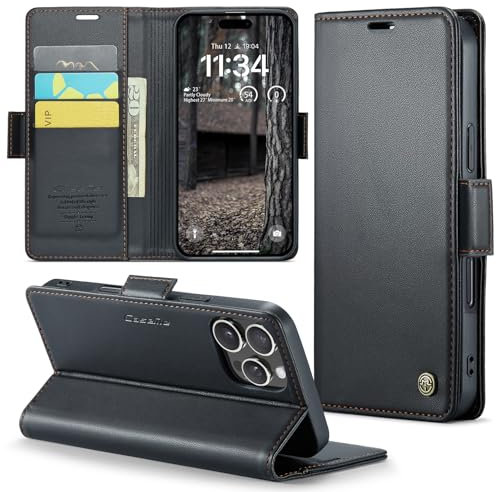 Rerzoiro Handyhülle für iPhone 16 Pro Max Hülle, Premium PU Lederhülle Klappbar Flip Case [RFID Blocker] Tasche Magnet Kartenfach Klapphülle Schutzhülle für iPhone 16 Pro Max, Schwarz