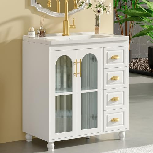 Lexiou Mueble de baño individual con armario bajo 80 cm con lavabo de cerámica, color blanco