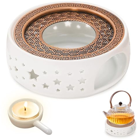 Chauffe-Thé en Céramique: Réchaud pour Théière avec Porte-Bougie et Tapis de Poêle, Chauffe-Théières Universel Base Design Creux Sculpté pour Conservation de Chaleur du Thé et du Café (Étoile)
