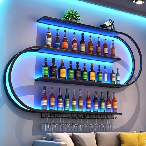 Großes Wand weinregal aus Metall zur Wandmontage mit Wein Glashalter 4 Lagiger Restaurant Bar Wandmontage Flaschenregal Multi Funktionaler Weinpareite Display Rack (ohne Glühbirnen) (schwarz, 200cm)