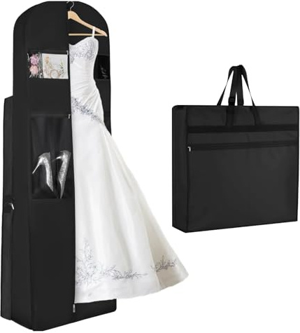 Lang Brautkleidhülle Kleidersack 420D Wasserdicht Brautkleid Kleidersack Aufhängen,183CM Klappbare&Griffen Hochzeitskleid Aufbewahrungsbeutel mit großen Taschen und transparentem Fenster