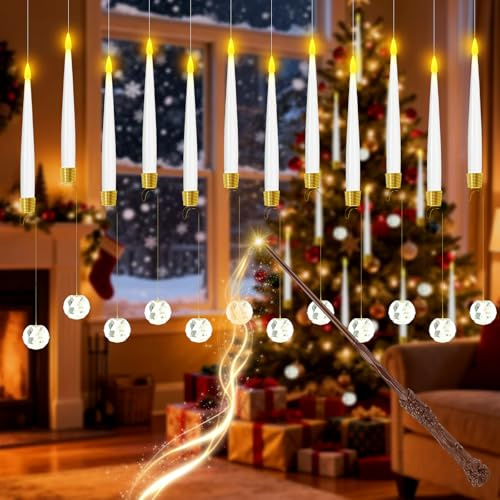 DAJASD Weihnachtsbaum Lichterkette LED Kerzen, 12 Stück Weihnachtsbaumkerzen Mit Fernbedienung, Schwebende Kerzen, Weihnachtsbaumschmuck Flammenlose LED Kerzen Für Weihnachtsbaumdeko(Kristall)