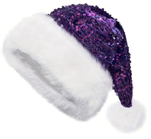 MAGIMODAC Weihnachtsmütze Plüsch Rand Nikolausmütze mit Pailletten Xmas Festlich Wintermütze Weihnachtsmann Santa Hut Warme Dicker Fellrand Karneval Lila
