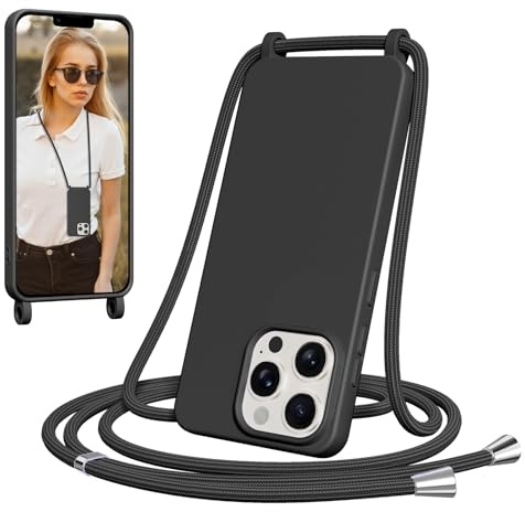 Jrkvniv Funda para iPhone 13 Pro MAX con Cuerda, Suave TPU Silicona Case con Correa Colgante, Ajustable, Desmontable, Forro de Microfibra, Carcasa AntiChoque con Correa, Negro