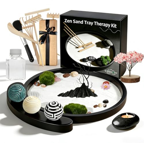 Zen Garden Kit for Desk, Japanese Decor with Rock Feature Stamp Spheres, Round Decorative Trays, Sensory Relaxation Sand Tray Therapy Ball Tool, Meditation Sandbox Gift Set for Home & Office