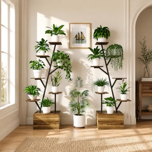 Quiaviank Supporto per piante con luce a spettro completo, 7 livelli, supporto per fiori in metallo e legno, scala portafiori in forma di albero per interni, giardino, balcone, 2 PEZZI