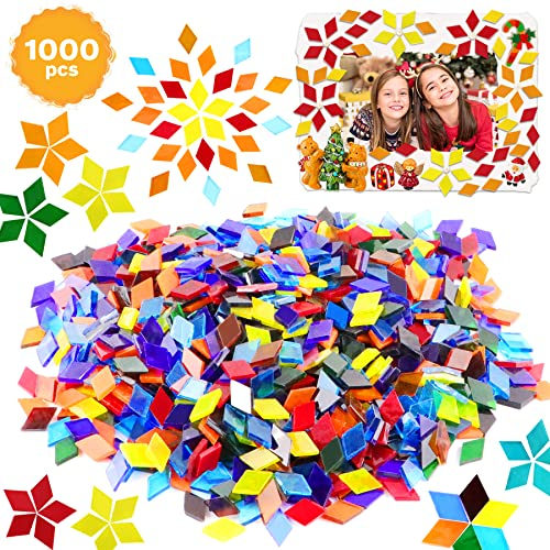 Mosaik-Fliesen, transparent, gemischte Farben, Mosaik-Fliesen, Glas-Stücke für Heimdekoration oder Basteln, quadratisch, 1000 Stück Rhombus,1.1 by 1.1 cm