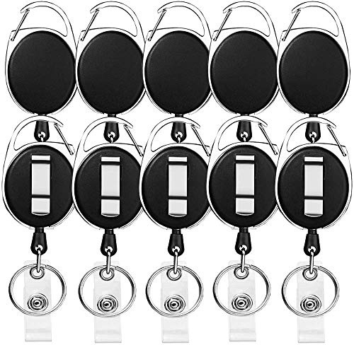 Retractable Badge Holder with Carabiner Reel Clip and Key Ring for ID Card Key Keychain Holders Black 10 Pieces by Moever