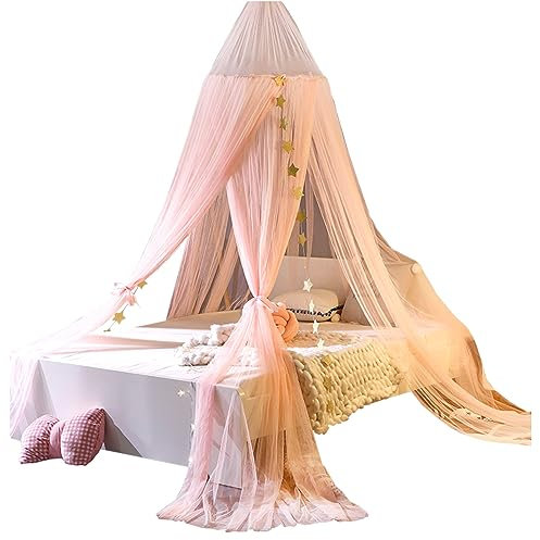 SHIKUN Runde Kuppel Baldachin mit Krone & Stern Banner & Stern Lichterketten Kinder Moskitonetz Kinderzelt Bett Vorhang für Jungen, Mädchen, Kinderbett, Pink