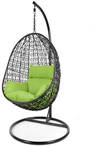 Kideo Komplettset: Hängesessel mit Gestell & Kissen, Poly-Rattan, Schaukel, Lounge (Gestell- und Korbfarbe: schwarz, Kissen: grün Nest (6068 Apple Green))