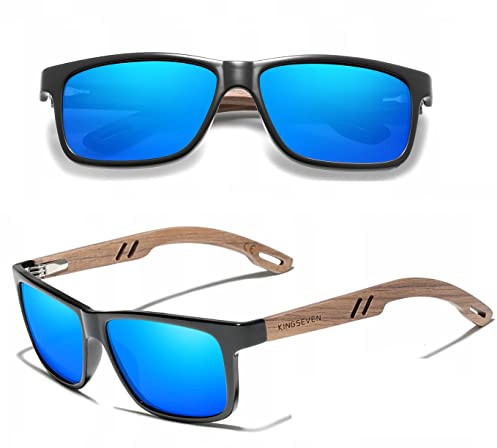 KINGSEVEN Holz Sonnenbrille für Herren und Damen I Unisex Handgefertigte Polarisierte Brille mit Holzbügeln aus Walnuss I UV400-Schutz I Modische Spiegelgläser I Blau