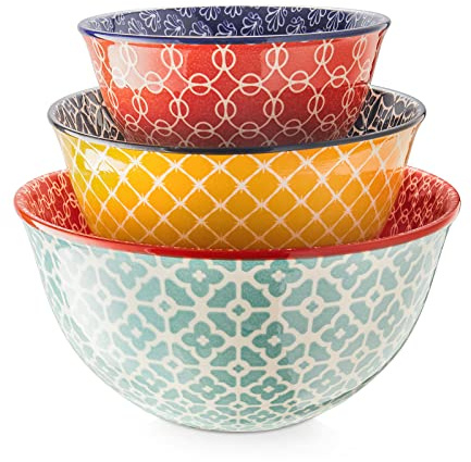 DOWAN Mixing Bowls, Ceramic Mixing Bowls for Kitchen, Colorful Vibrant Nesting Bowls for Cooking, Baking, Prepping, Serving, Salad, Housewarming Gift, Microwave Dishwasher Safe, 3.7/2/1 Qt, Set of 3