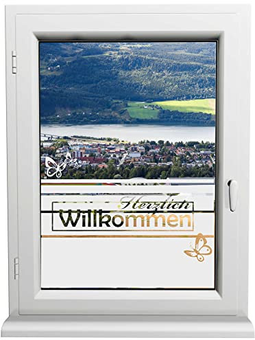 INDIGOS UG - Glasdekorfolie - Herzlich Willkommen - Sonnenschutz H50Line - Sichtschutzfolie - Fensterfolie - für die Küche, Bad ans Fenster, Sichtschutz - selbstklebend - matt