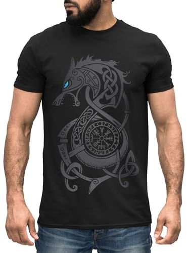 Neverless® Herren T-Shirt Fenriswolf Fenrir Wikinger Kompass nordisch Vegvisir Wolf Asgard Schwarz S