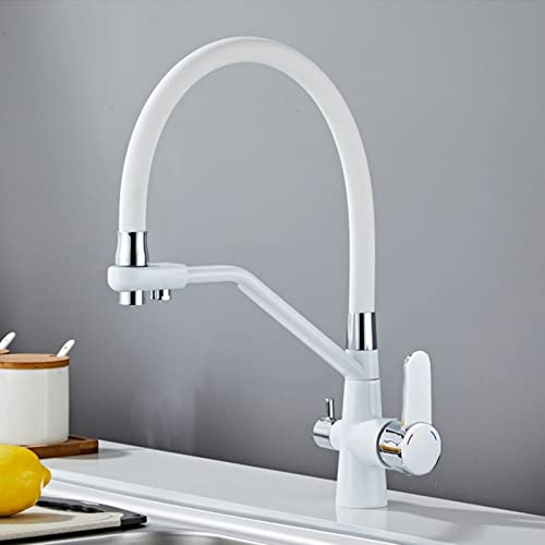 3 Wege Wasserhahn Osmose Mischbatterie Küche Ausziehbar 3 in 1 Mischbatterie Küche für Wasserfilter Trinkwasserhahn mit 2 Hebel Weiß
